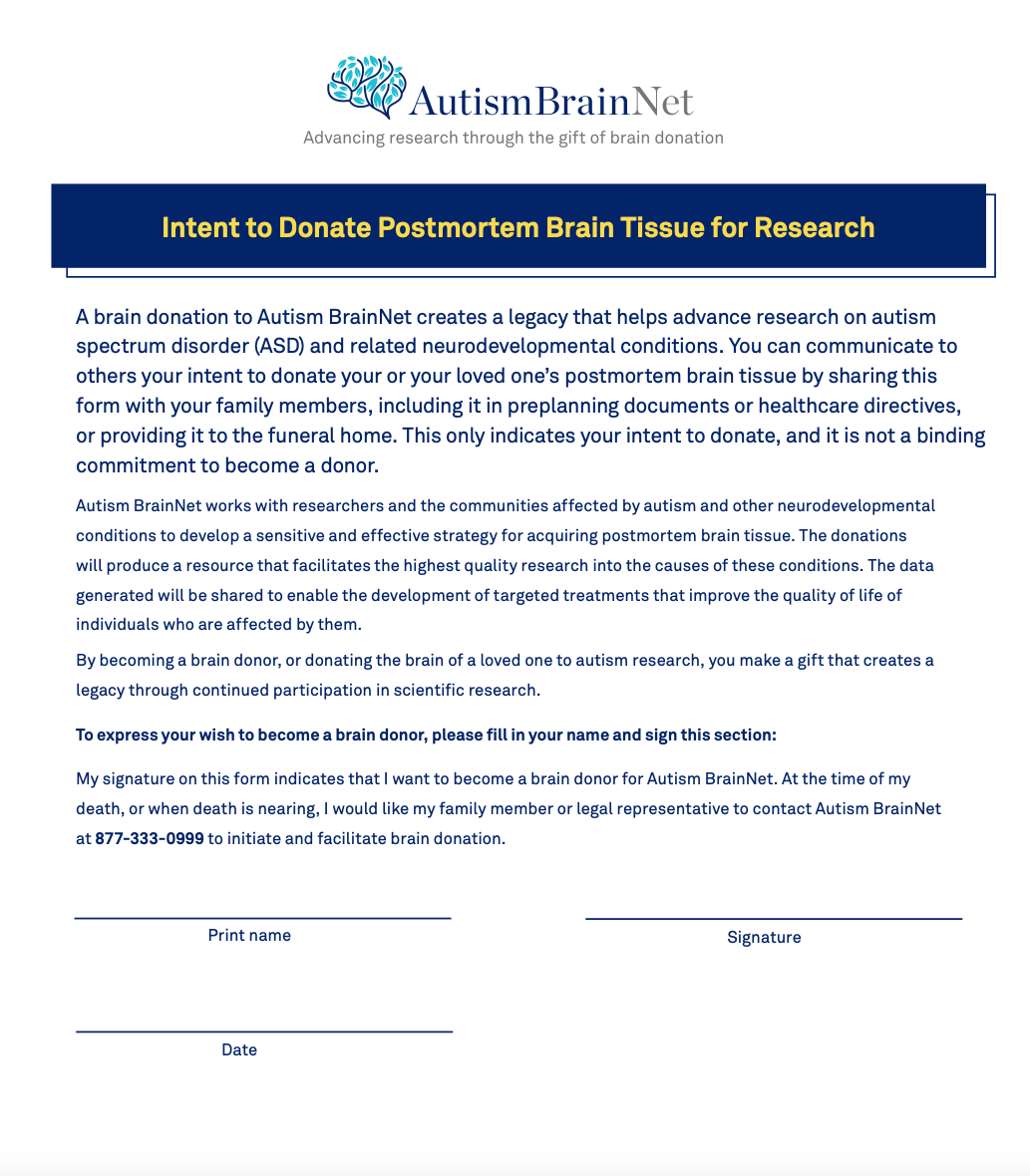 Screenshot of a webpage from Autism BrainNet promoting postmortem brain tissue donation for autism research, with a section for signing up to become a brain donor.
