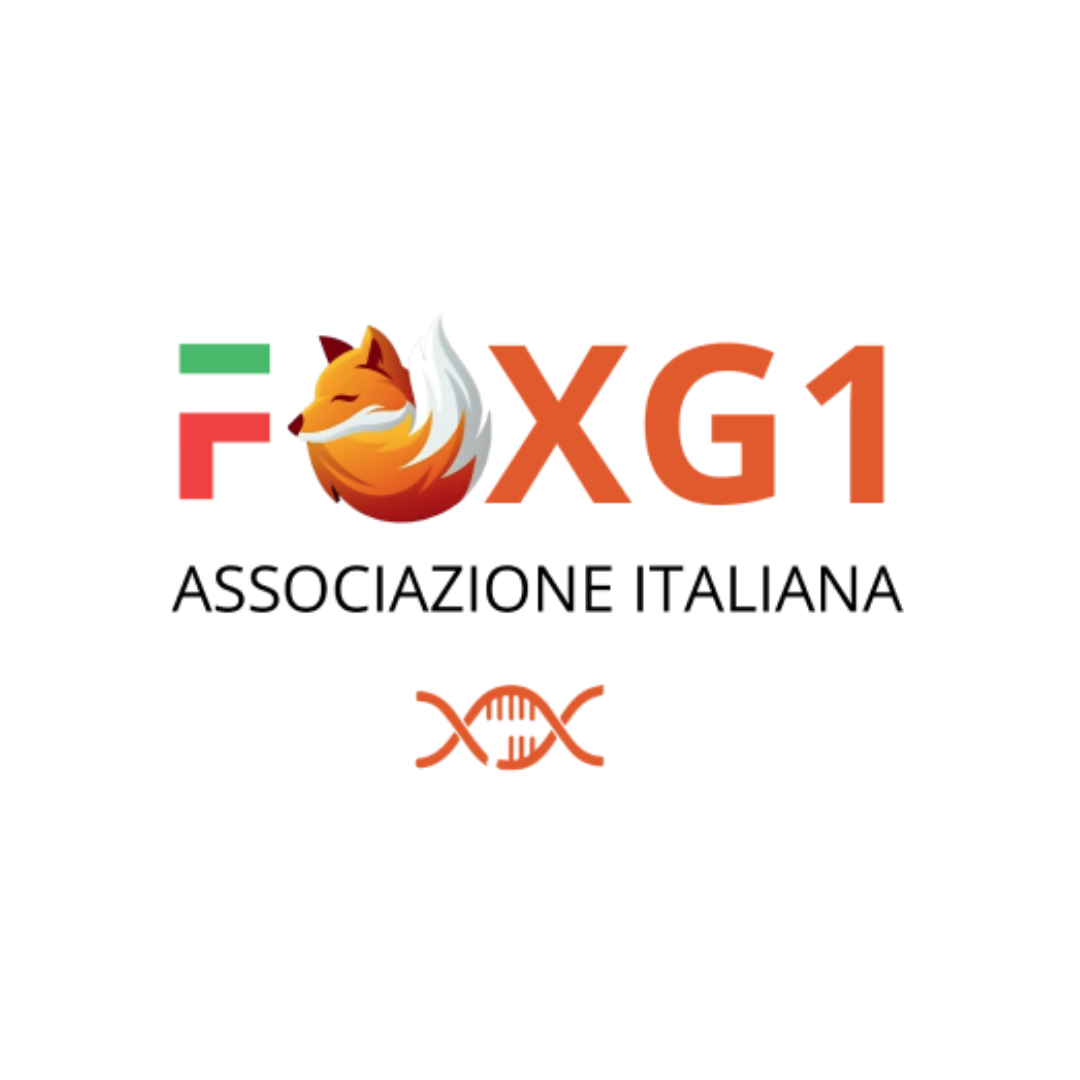 Logo of FOXG1 Associazione Italiana featuring a fox head, DNA helix symbol, and Italian colors.