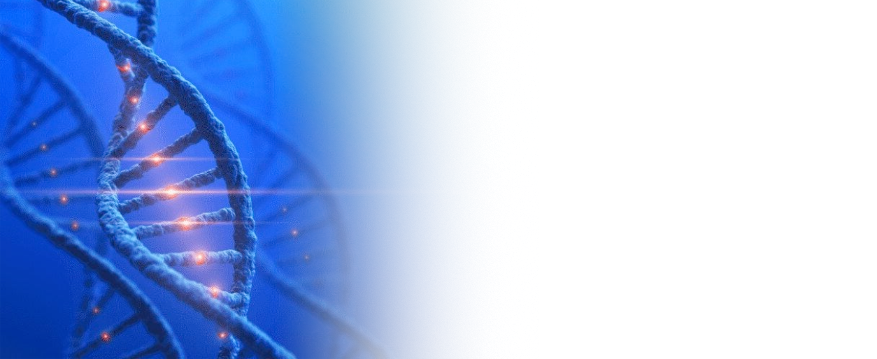 Close-up of a DNA double helix structure on a blue background.