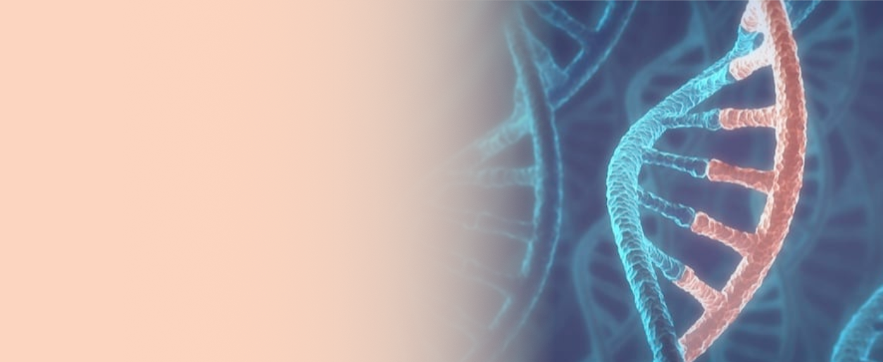 Digital illustration of DNA double helix strands in blue and pink colors.