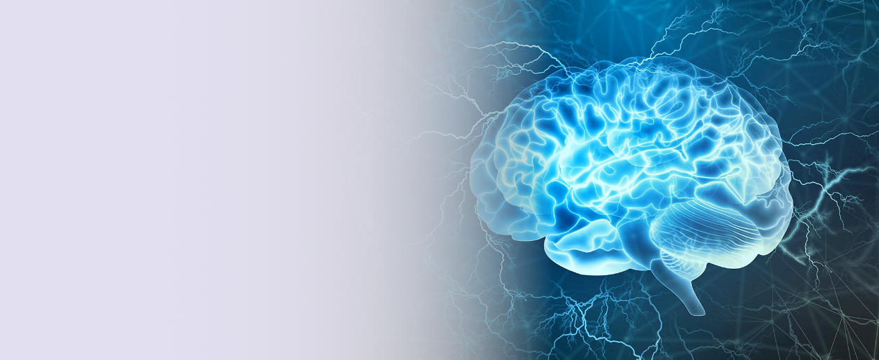 Digital illustration of a human brain with electrical sparks and lightning around it.
