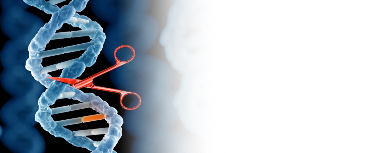 A DNA double helix with a pair of red scissors cutting the strand.
