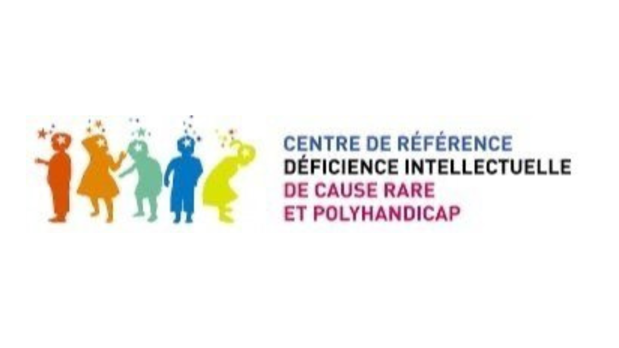 Colorful silhouettes of children with a festive design above their heads, alongside text indicating a reference center for intellectual disabilities and multiple disabilities of rare cause.