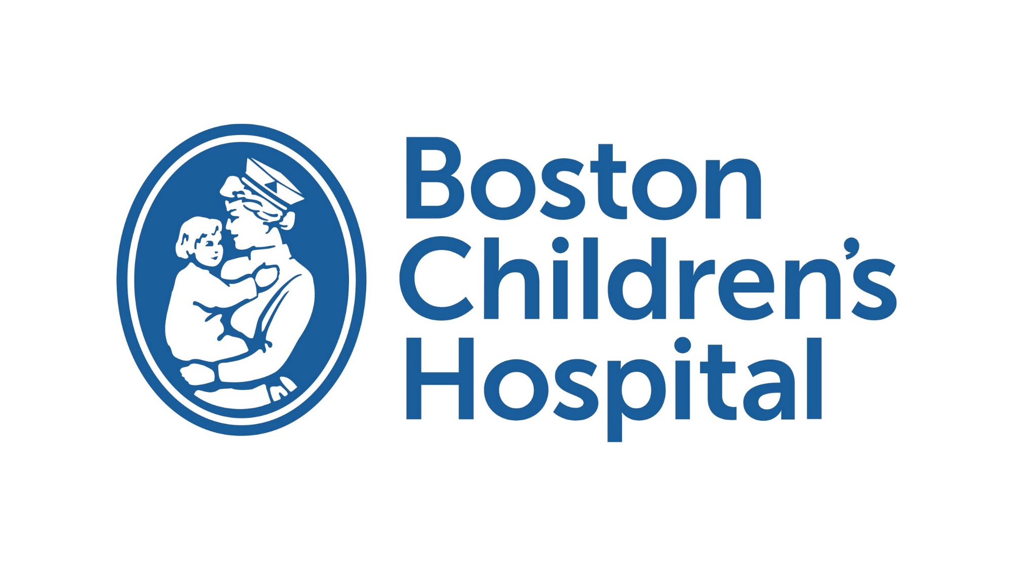 Logo of Boston Children's Hospital, featuring an illustration of a child and adult woman with a nurse's cap, inside an oval outline, with the hospital's name written beside in blue text.