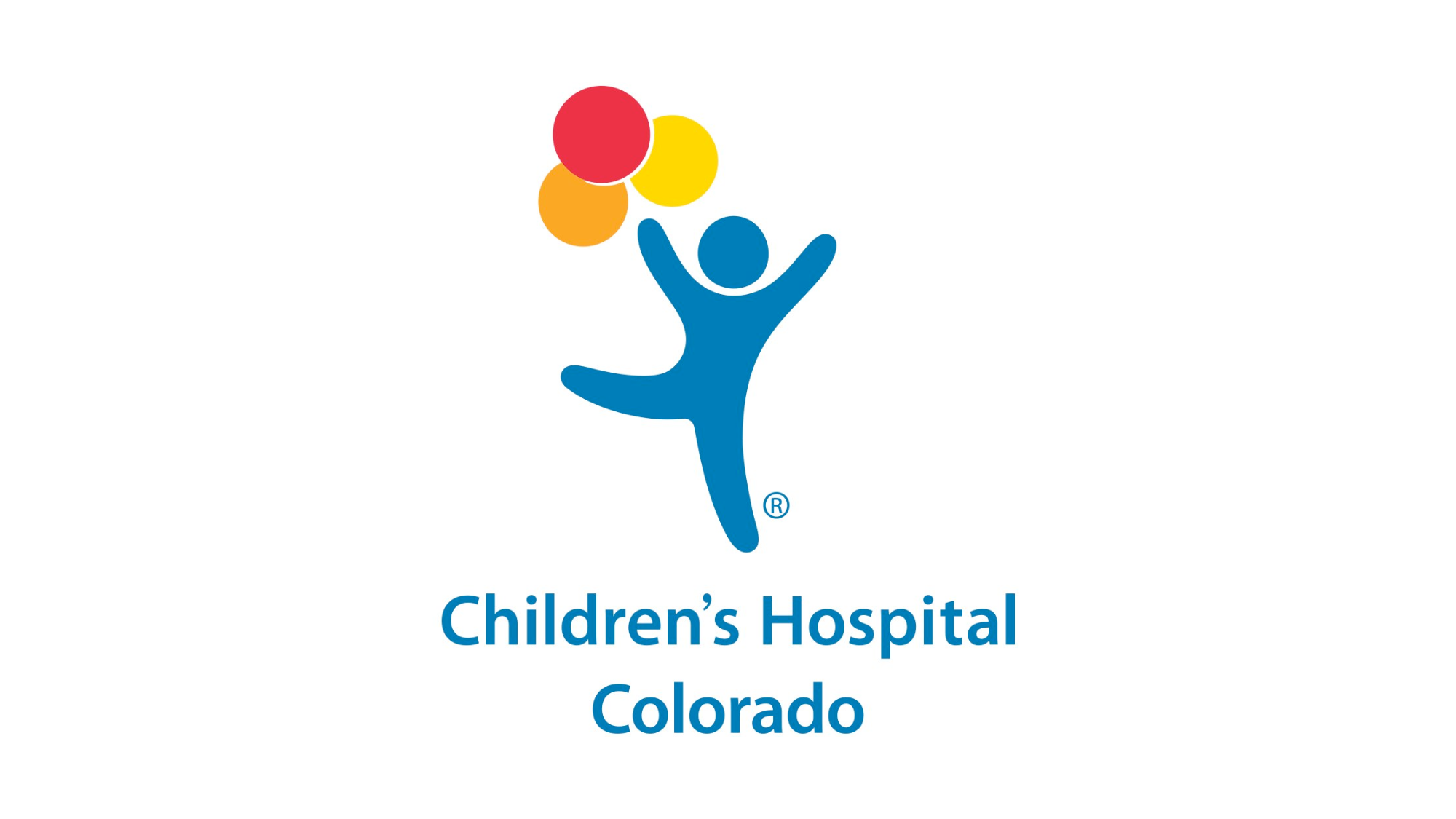Logo of Children's Hospital Colorado featuring a playful blue figure holding three colored balloons red, yellow, and orange, with the hospital's name below.