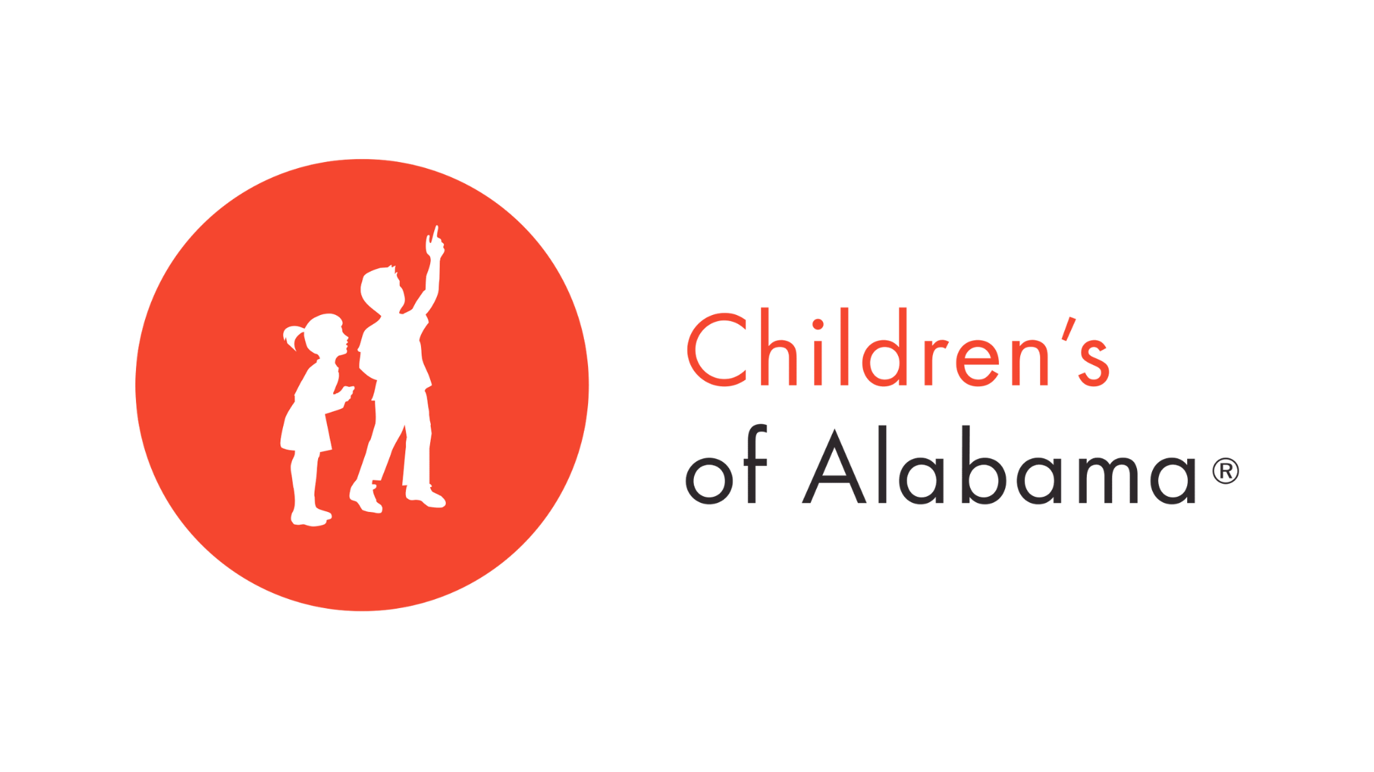 Children's of Alabama logo depicting two children, a girl and a boy, inside a red circle. The girl is looking up at the boy, who is raising his arm. To the right, the text reads "Children's of Alabama" with "Children's" in red and "of Alabama" in bla