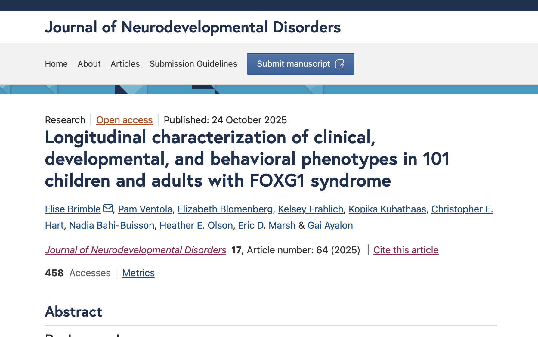 FOXG1 Natural History Study Publication