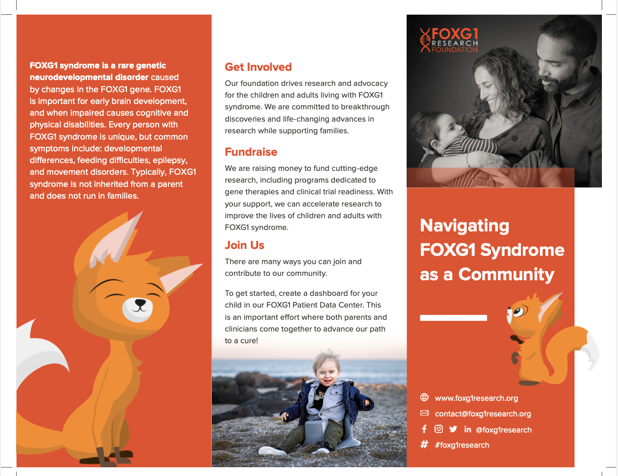 A flyer for the FOXG1 Research Foundation titled "Navigating FOXG1 Syndrome as a Community." The flyer features a black-and-white photo of a family with a young girl, along with a colorful cartoon fox mascot and a photo of a smiling child sitting on rocks by the beach.