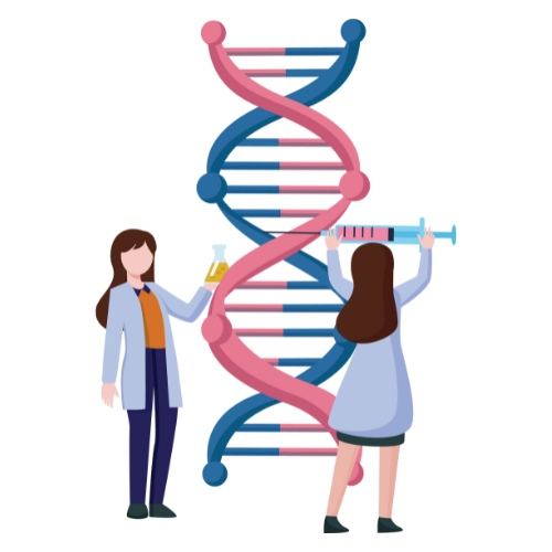Two scientists, one male and one female, working with a large DNA double helix model in a laboratory.