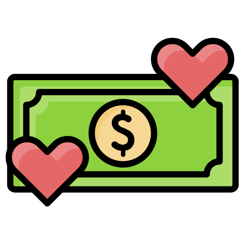 A cartoon illustration of a dollar bill with two pink hearts, symbolizing love or affection related to money.