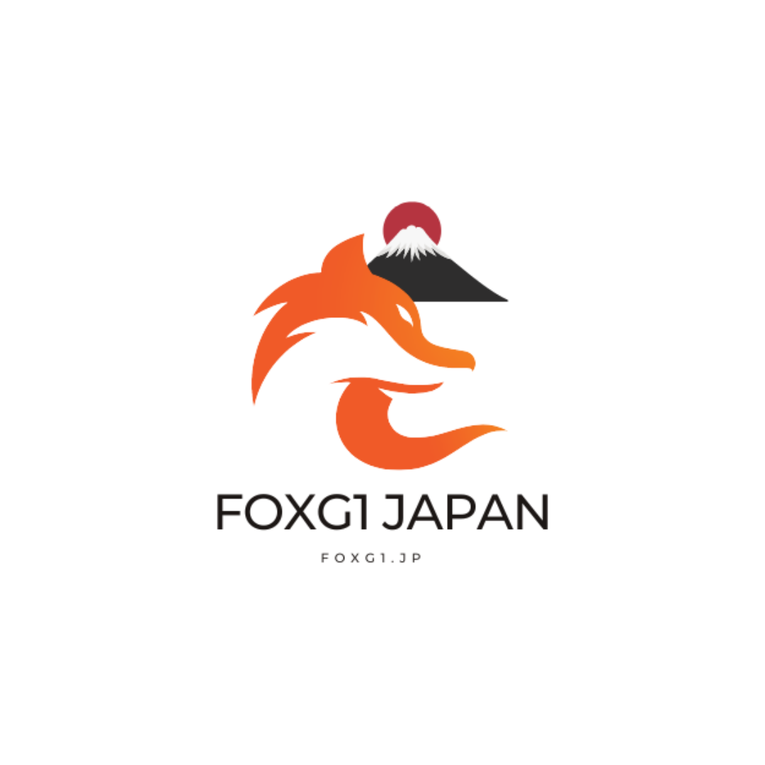 Logo featuring a stylized fox head in orange, with a Mount Fuji and red sun above it, and the text 'FOXG1 JAPAN' below.