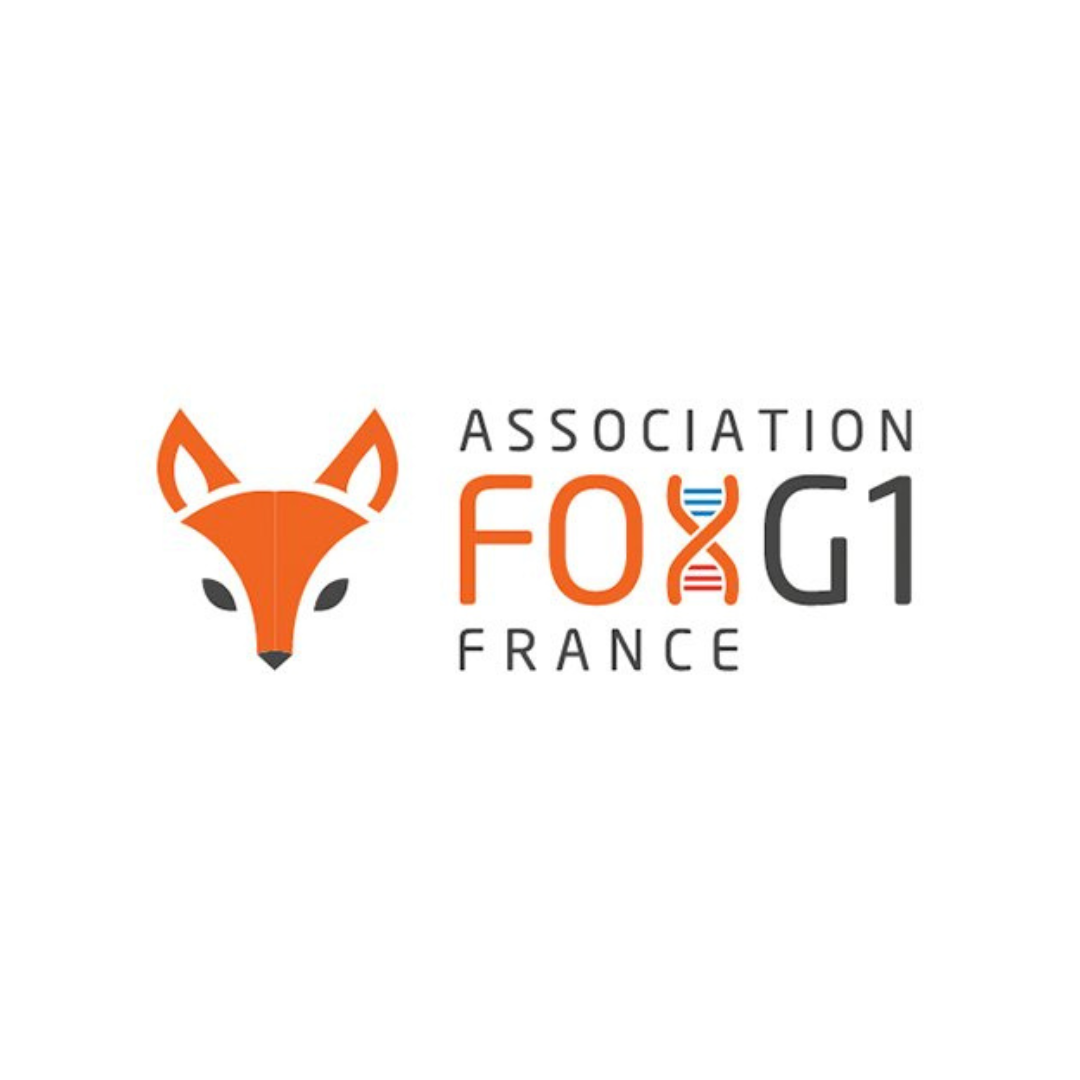 Logo of the French Association of FOXG1 featuring a stylized orange fox head and the text 'Association FOXG1 France' with a DNA double helix integrated into the 'X' in 'FOx'.