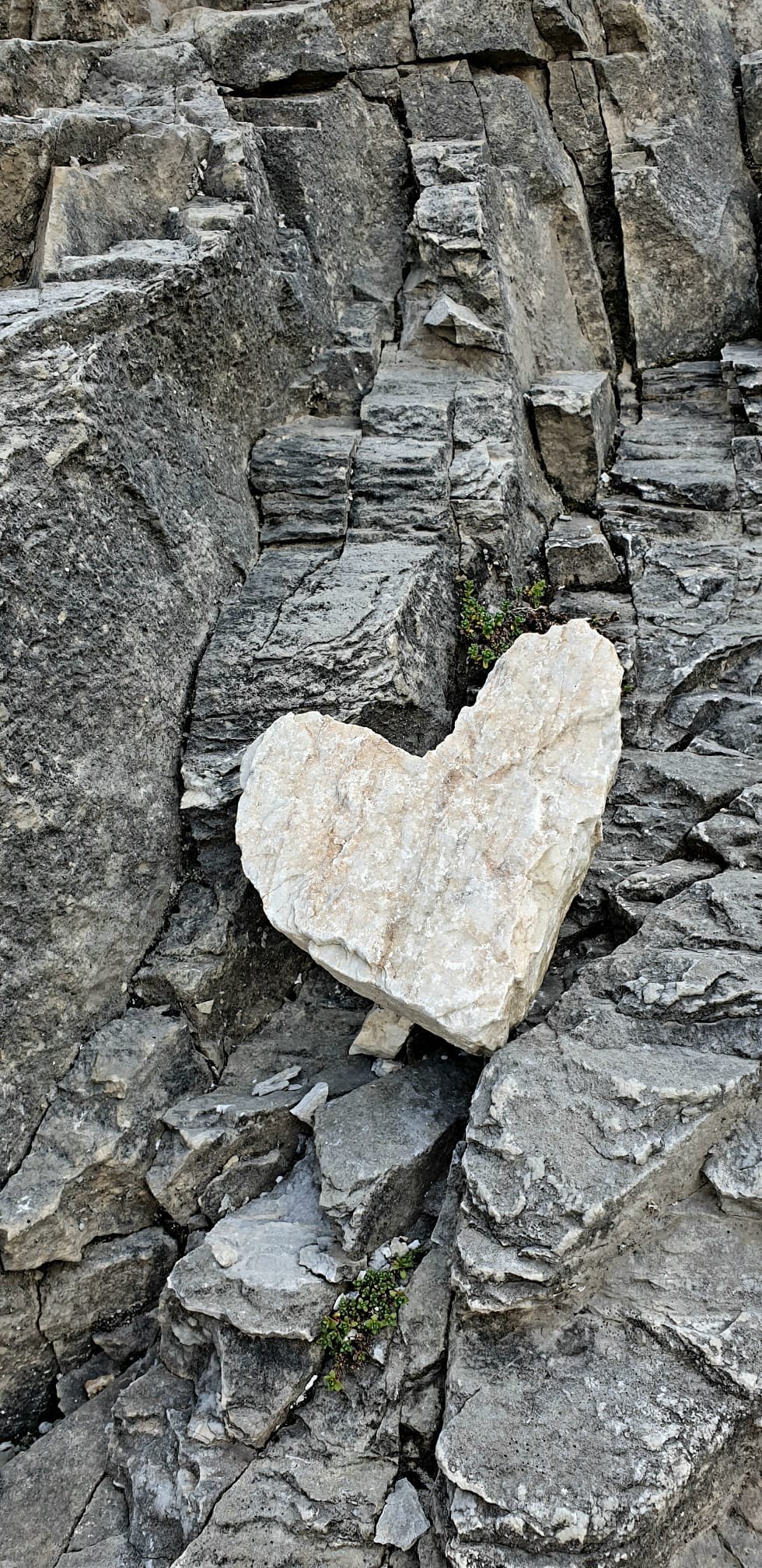 Cœur en roche blanche posé sur des rochers gris en milieu rocheux.