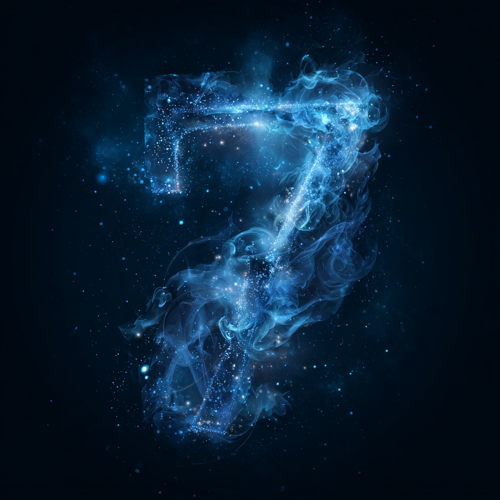Une représentation numérique en forme de chiffre 7, composée de poussière d'étoile, de fumée bleue et d'effets lumineux dans un fond sombre, évoquant l'univers ou la technologie.