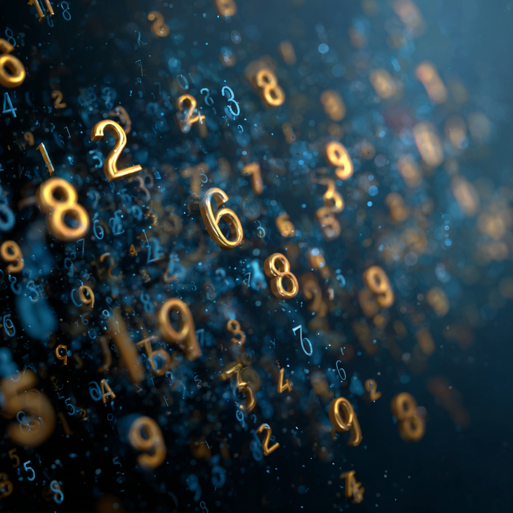 Un affichage numérique avec des chiffres en or et en bleu flottant dans un espace abstrait.