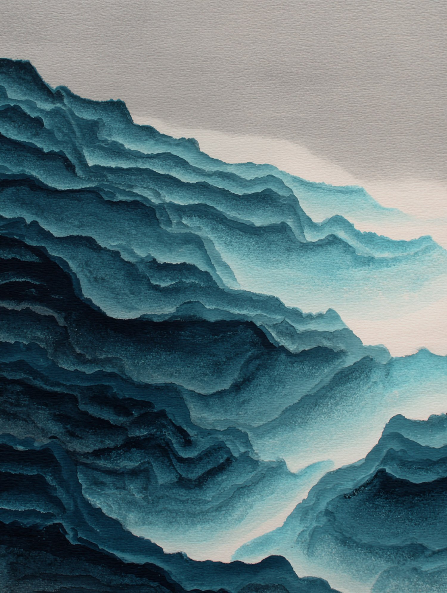 Peinture représentant une montagne en nuances de bleu.