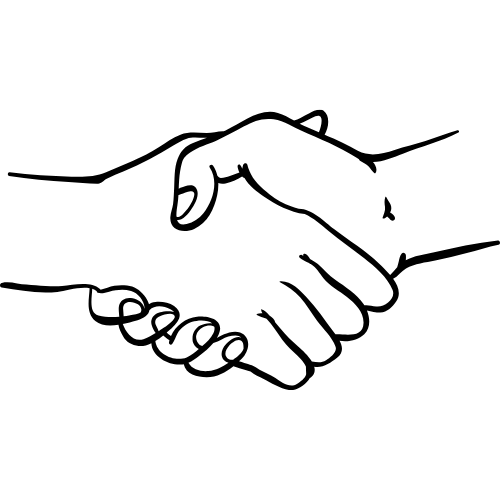Outline drawing of two hands shaking.