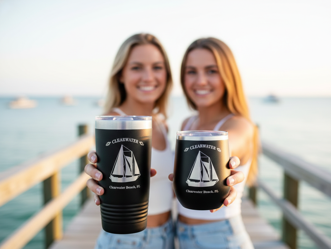 Two young women holding Clearwater Beach souvenir cups displaying a sailboat.