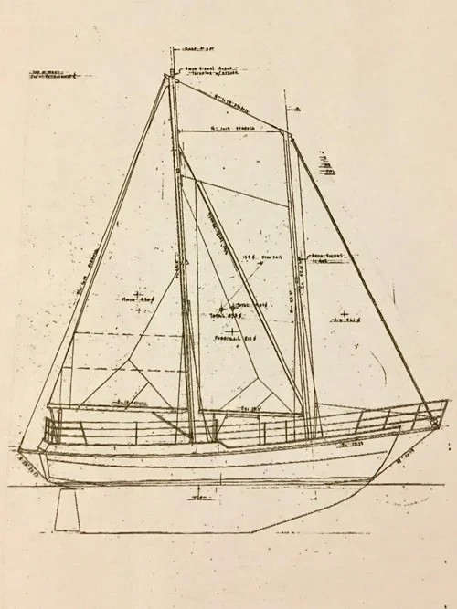 This is the original design sketch for schooner clearwater, a 52 foot schooner that sails on clearwater beach since 2017