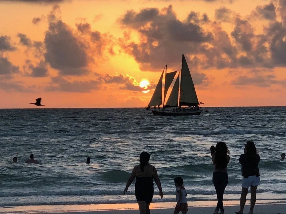 People enjoying a sunset at the beach with schooner clearwater in the distance and a bird flying overhead.