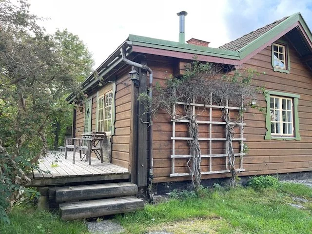 En liten trähus med grön tak och fönster, omgiven av grönska och ett trädstaket med vinrankor, på en gräsmatta.