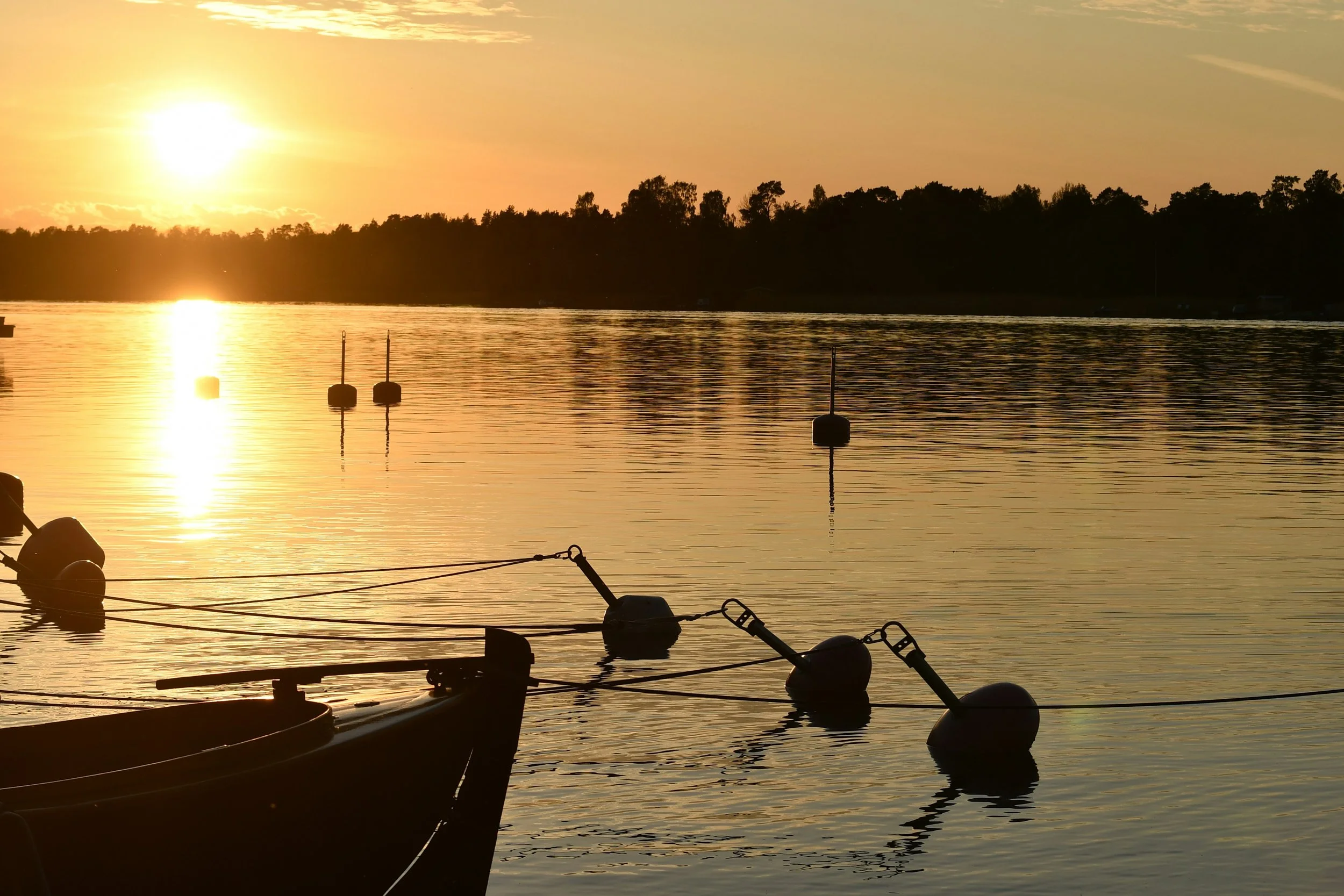 En solnedgång vid en sjö med båtar och bojar reflekterande i vattnet, med en trädäckad bakgrund.