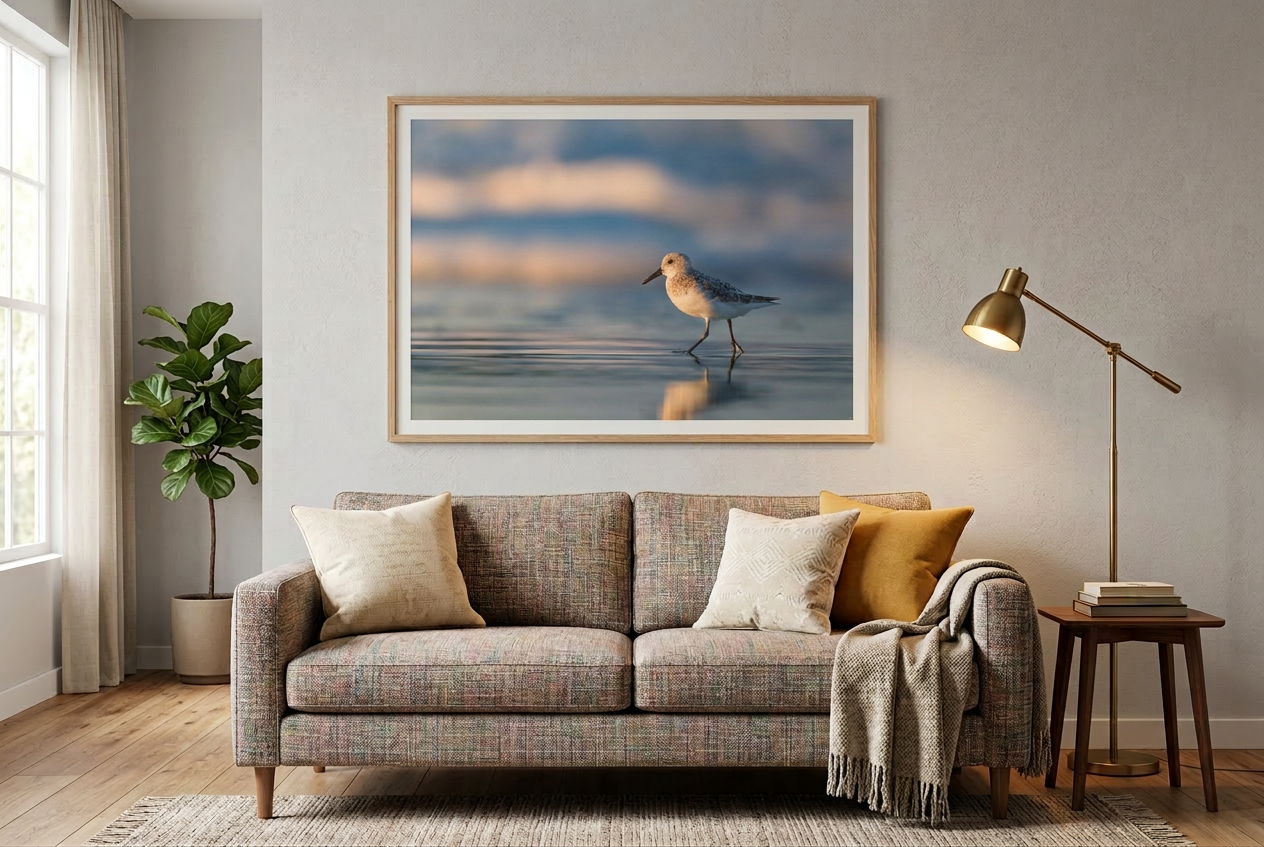 Living room with a patterned sofa, pillows, a potted plant, a small side table with books, a gold floor lamp, and a framed picture of a bird on a beach wall.
