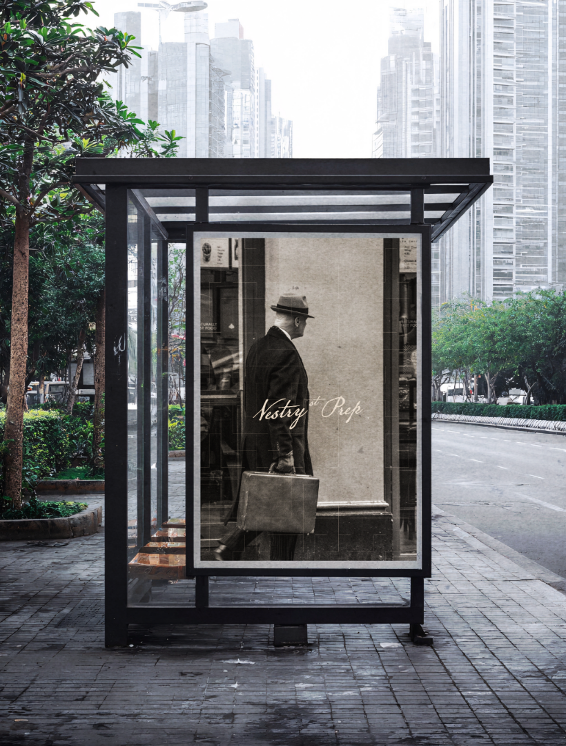 Black and white advertisement at a bus stop showing a man in a suit and hat carrying a briefcase, with the text 'Yestery of Prep' written over him, in an urban setting with trees and high-rise buildings.