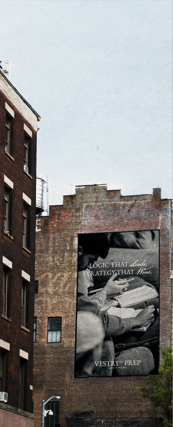Large advertisement for Vestry Street Prep LSAT Tutoring on an old brick building in NYC displaying people reading and writing, with a quote about logic and strategy.