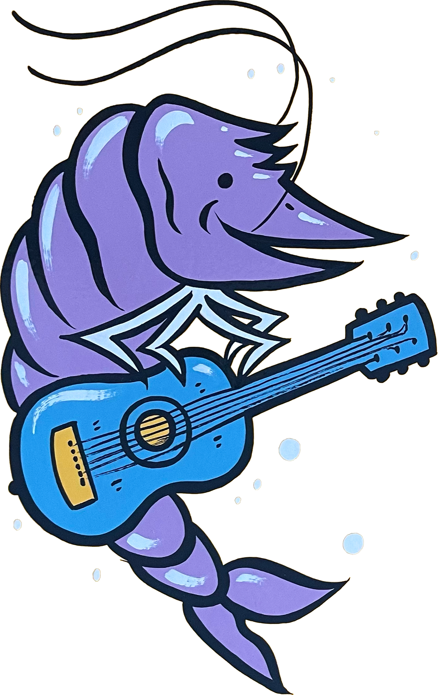 Cartoon unicorn with purple body and mane, playing a blue guitar.