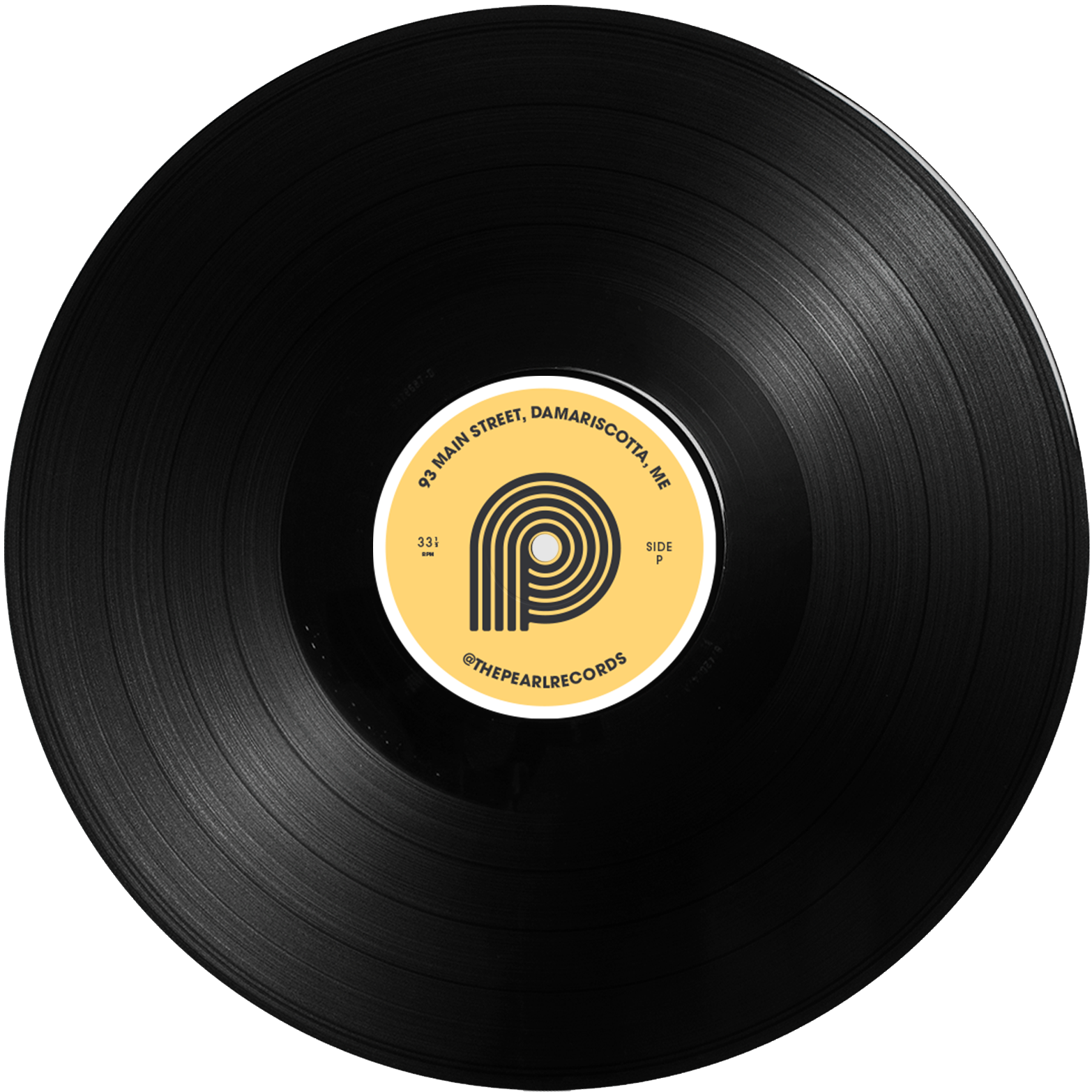 Close-up of a black vinyl record with a yellow label displaying the track information and record company, The Pearl Records.