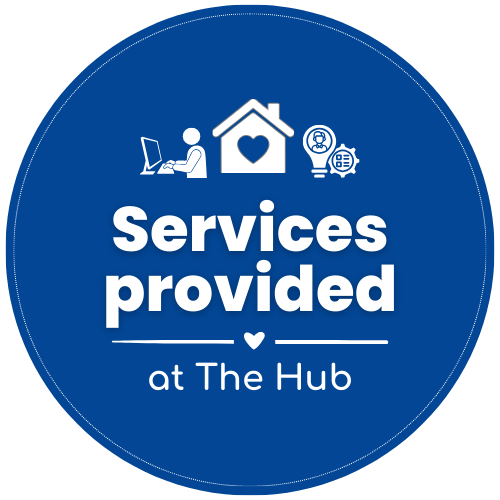 Blue circular badge with white icons depicting a person at a computer, a house with a heart, and a lightbulb with gears. Text reads 'Services provided at The Hub'.