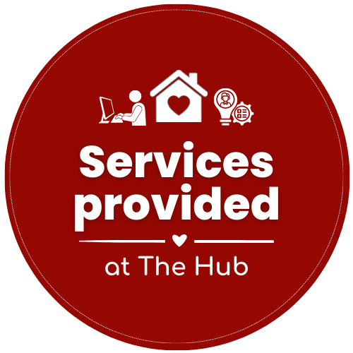 Red circular emblem indicating services provided at The Hub, including icons of a person on a laptop, a house with a heart, and a light bulb with a gear, with text in white reading "Services provided at The Hub."
