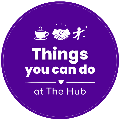 Purple circular logo with icons of a coffee cup, handshake, and person jumping. Text reads: "Things you can do at The Hub."