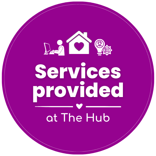 Purple circular badge with icons of a person at a laptop, a house with a heart, and a lightbulb and medical kit. Text reads 'Services provided at The Hub'.