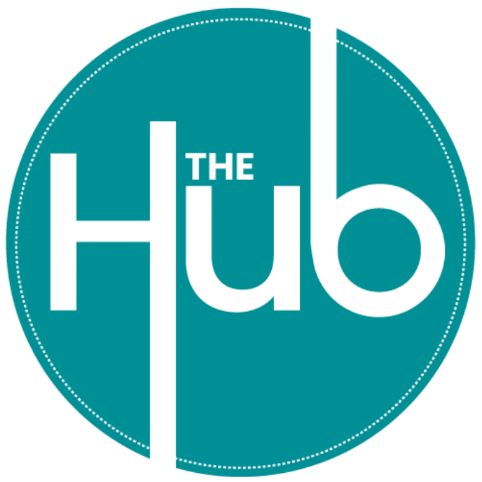 A teal circular logo with the words "The Hub" in white, stylized text, with "The" positioned above the letter "U" in "Hub."