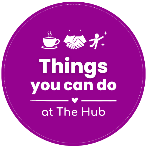 purple circular logo with icons of a coffee cup, handshake, and a person jumping; text reads "Things you can do at The Hub" with a small heart and lines.