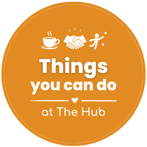 An orange circular badge with icons of a coffee cup, handshake, and person jumping, and the text 'Things you can do at The Hub'.