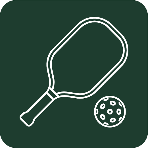 Line drawing of a squash racket and a ball on a dark green background.