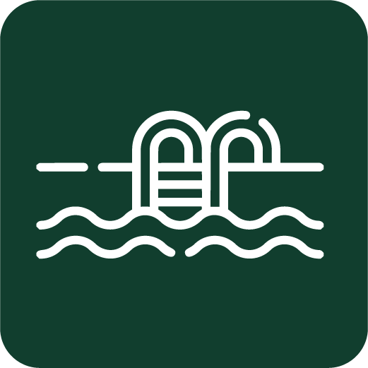 Swimming pool with ladder and water waves on a green background.
