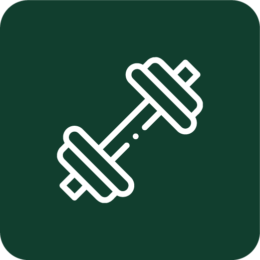 Icon of a dumbbell on a dark green background.