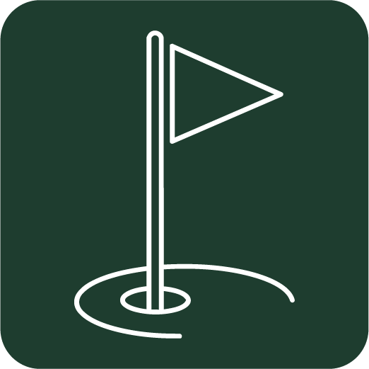White outline of a golf flag on a hole on a dark green background.