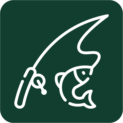 Logo featuring a fishing hook and a fish in a minimalist, monochrome style.