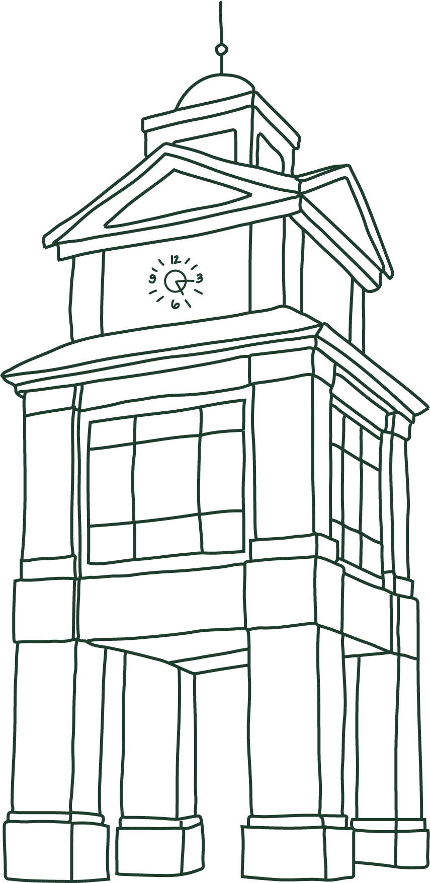 Line drawing of a clock tower with a clock face at The Lake House.