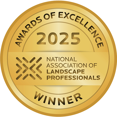 Gold medal award with the text '2025 Awards of Excellence Winner' and 'National Association of Landscape Professionals' logo.