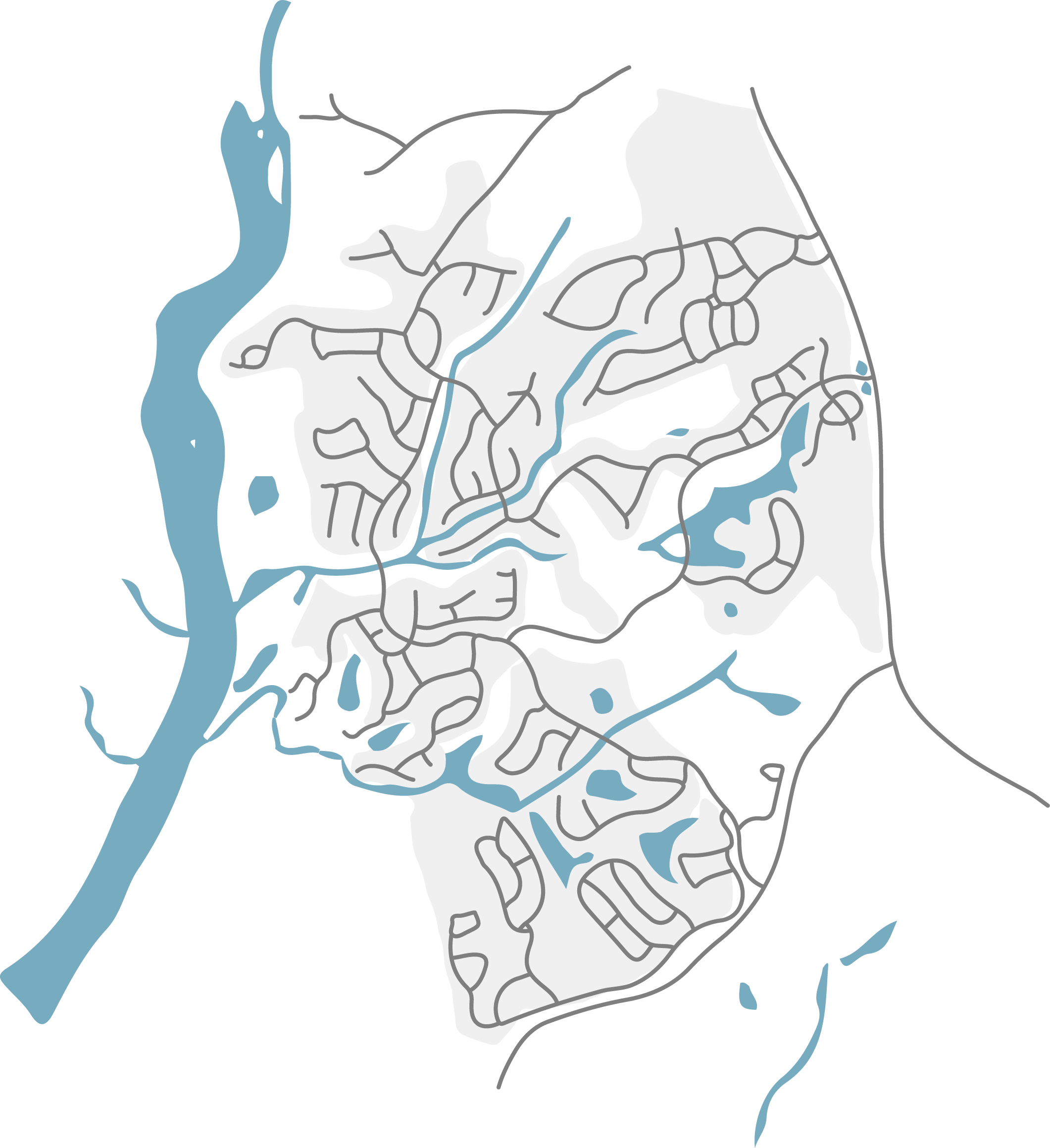 A detailed map showing a Sun City layout with streets, bodies of water, and surrounding roads, over a black background.