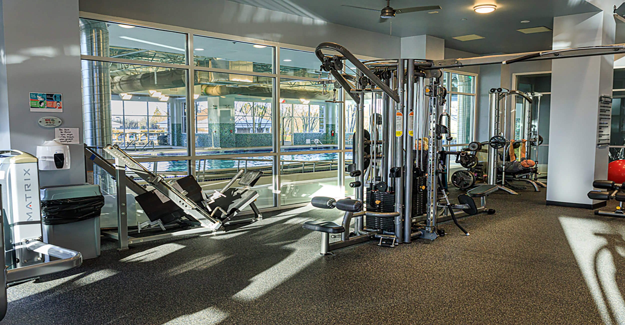 Indoor gym in The Lake House with exercise equipment including weight machines, ellipticals, and free weights. Large windows show an indoor pool area with lounge chairs.