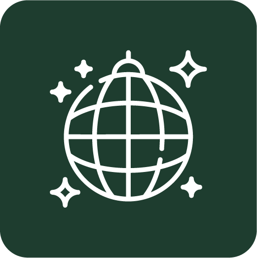 Stylized globe with grid lines and sparkle icons on a dark green background.