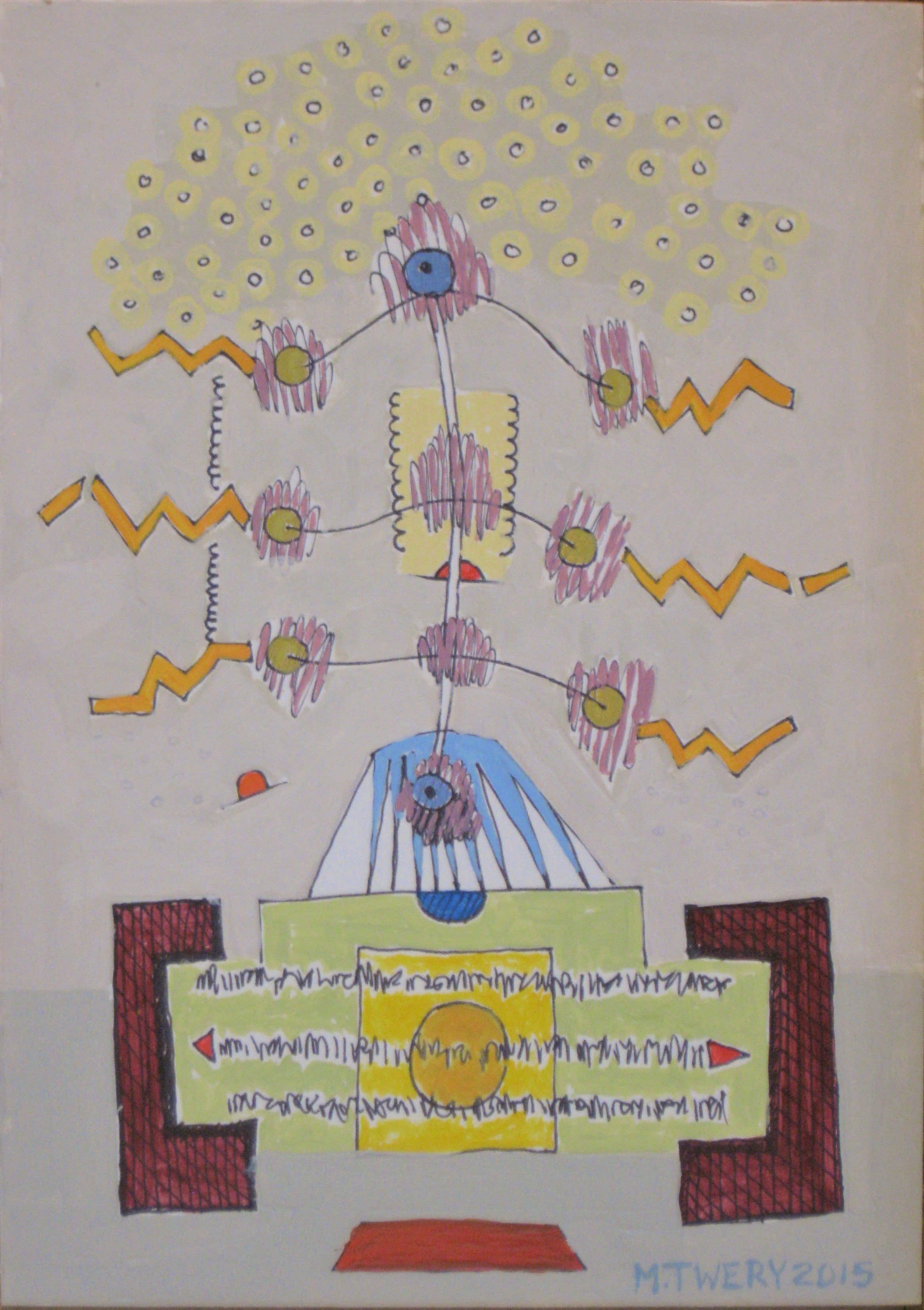 Tesla Coil - acrylic latex paint on illustration board, 7" x 10"