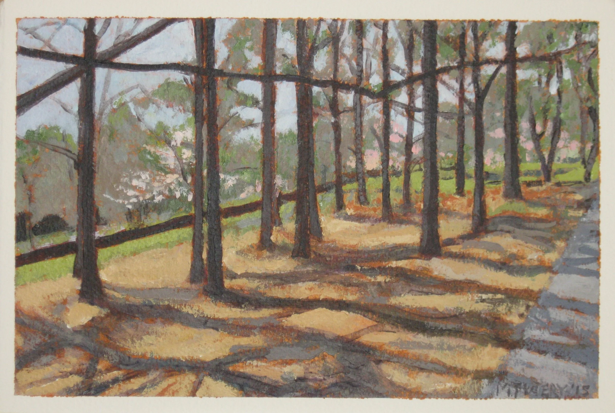 Riverside Park Pines - acrylic on paper, 7" x 11"